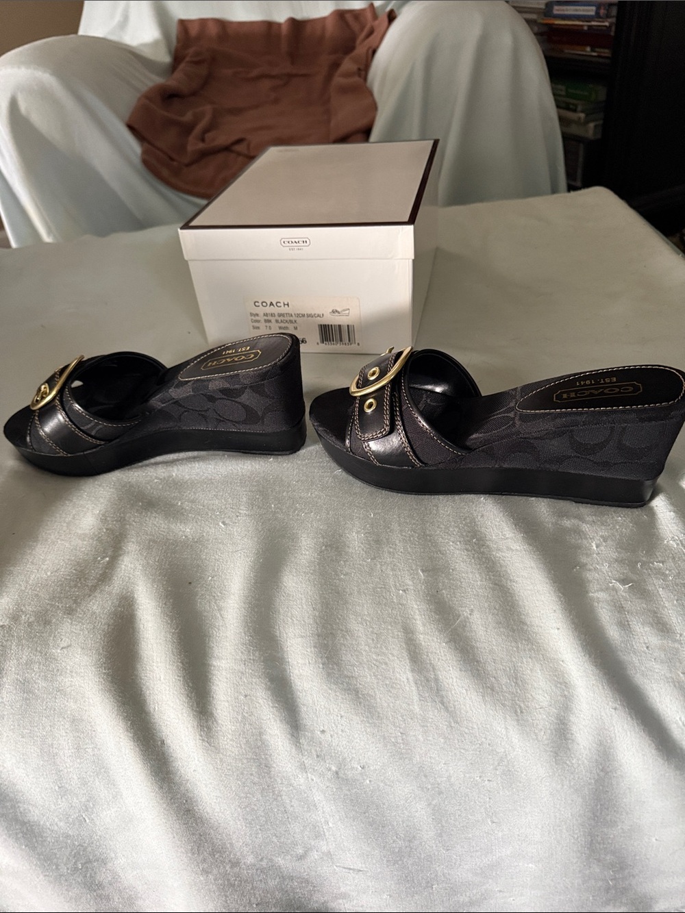 COACH Black Wedge Slide Sandals with Gold Buckle Accent - Picture 2 of 6